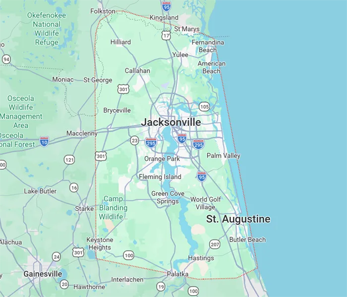 service area map showing Fleming Island, FL, and surrounding areas